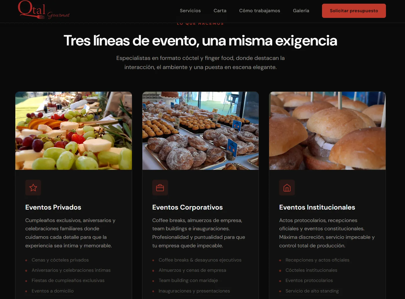 Servicios de catering en la web de Qtal Gourmet